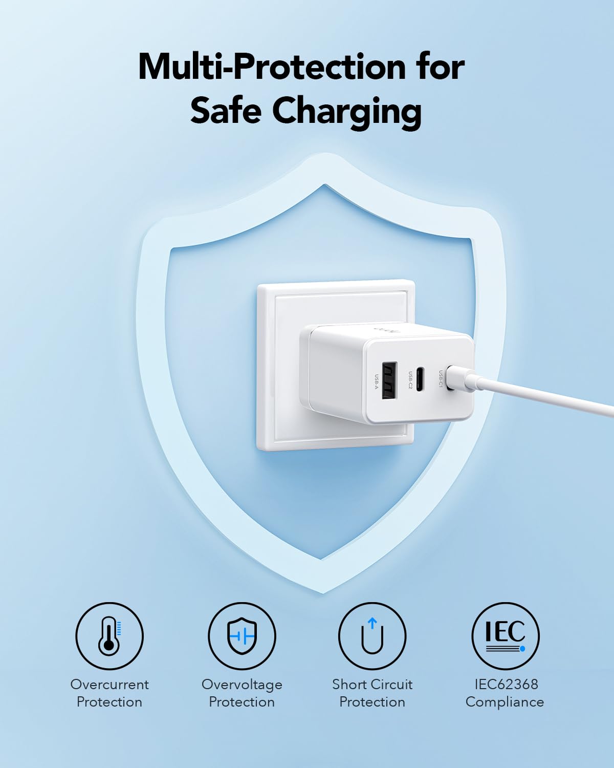 Cudy Caricatore USB C 67 W 3 porte, 2 Tipo C, 1 USB-A Presa Caricatore iPhone Ricarica Rapida, QC/PD 3.0 Parete Adattatore per iPhone, iPad, Samsung, Sony, CH67