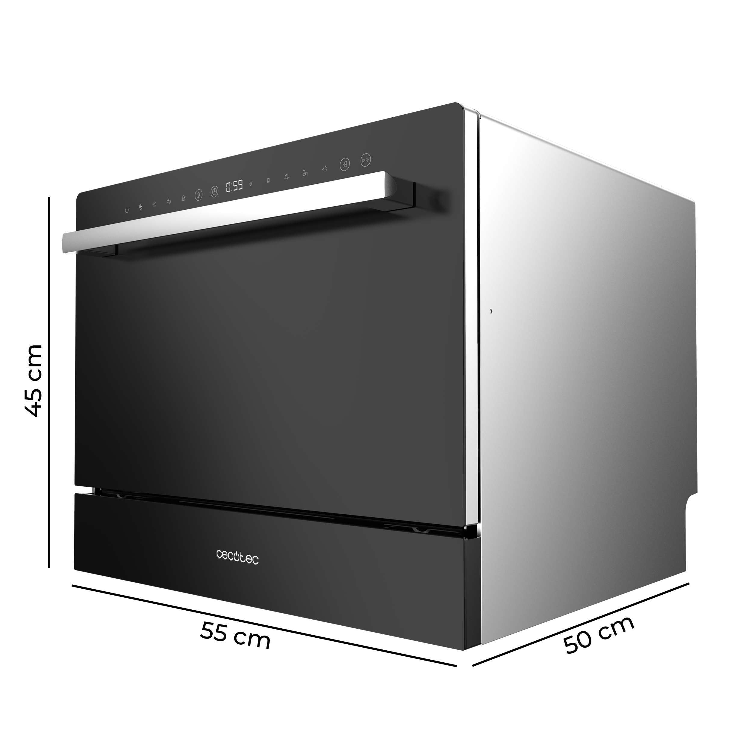 Cecotec Lavastoviglie Compact 6 Posate Bolero Aguazero 2400 Black Glass, 1380 W, Finitura vetro nero, 5 programmi, Controllo pannello touch, Programmabile fino a 24 ore, Child Lock e cestino per