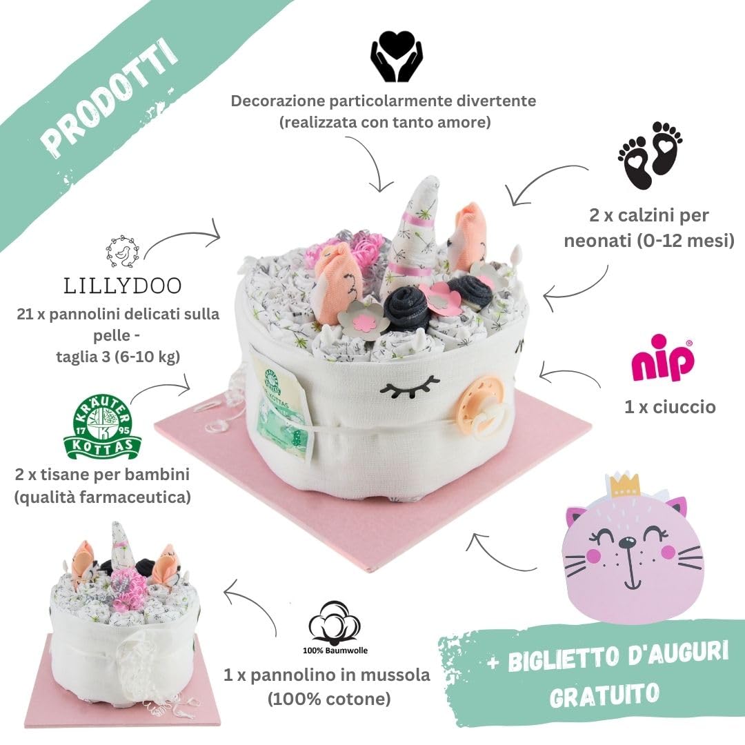 myBambini ® torta pannolino unicorno rosa bambina - regalo neonato - nascita [dare gioia] - baby shower - prima attrezzatura - ciuccio - ordinare torta