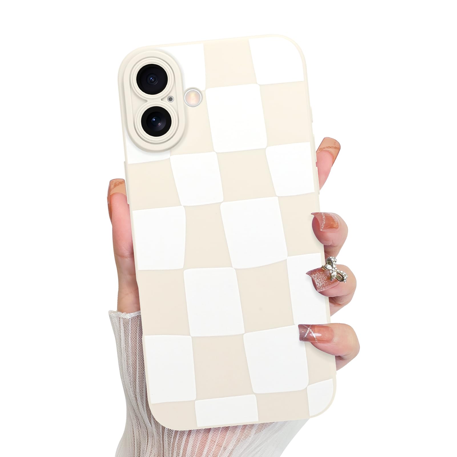 KANGHAR Compatible with iPhone 16 Case, Silicone Checkered Cute Pattern, Camera Protection Soft Slim Phone Case for Girls Women -White