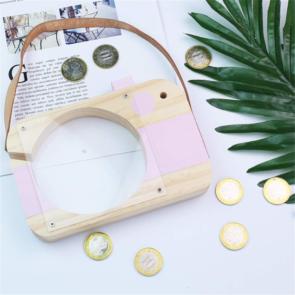 BU-SOH Saving Pot Saving Pot Wooden Cartoon Camera Shape Piggy Bank Transparent Saving Pot Children Toy Decoration Piggy Bank (Color : Pink, Size : 23 x 18cm)