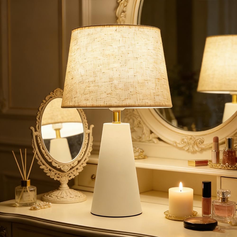Lámpara de Mesa Elegante Pantalla de Tela Beige E27 Lámpara De Cabecera Con interruptor Lamparas de mesita Lámpara Escritorio para Dormitorio Mesita de Noche Salón Sala De Estar Estudio (Blanco)