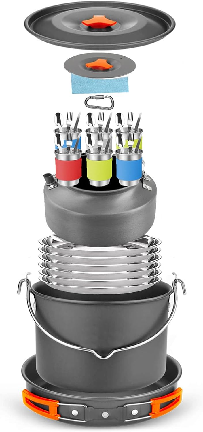 Camping Cookware Mess Kit, 48PCS Backpacking Cooking Set with Hanging Pot Fryer Pan Tea Kettle 6 Sets Stainless Steel Cups Forks Knives Spoons Plates for Hiking Picnic