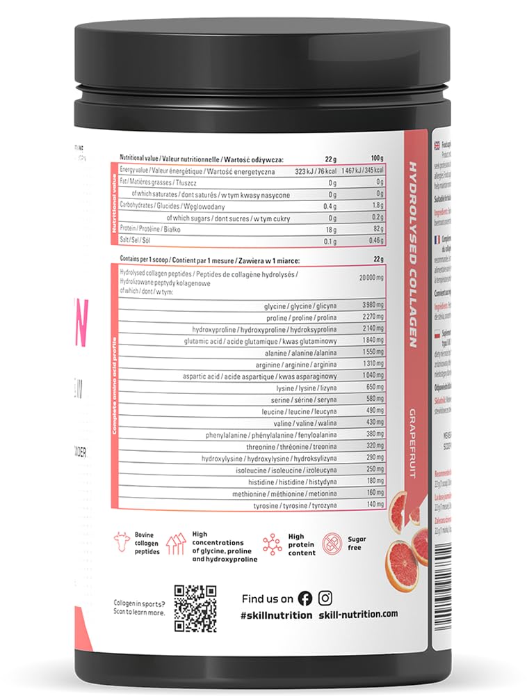 SKILL Nutrition Peptides de Collagène Hydrolysé Type I & III | Saveur Pamplemousse | 18 Acides Aminés : Glycine, Proline | Haute Biodisponibilité | Peau, Cheveux & Articulations | 660g