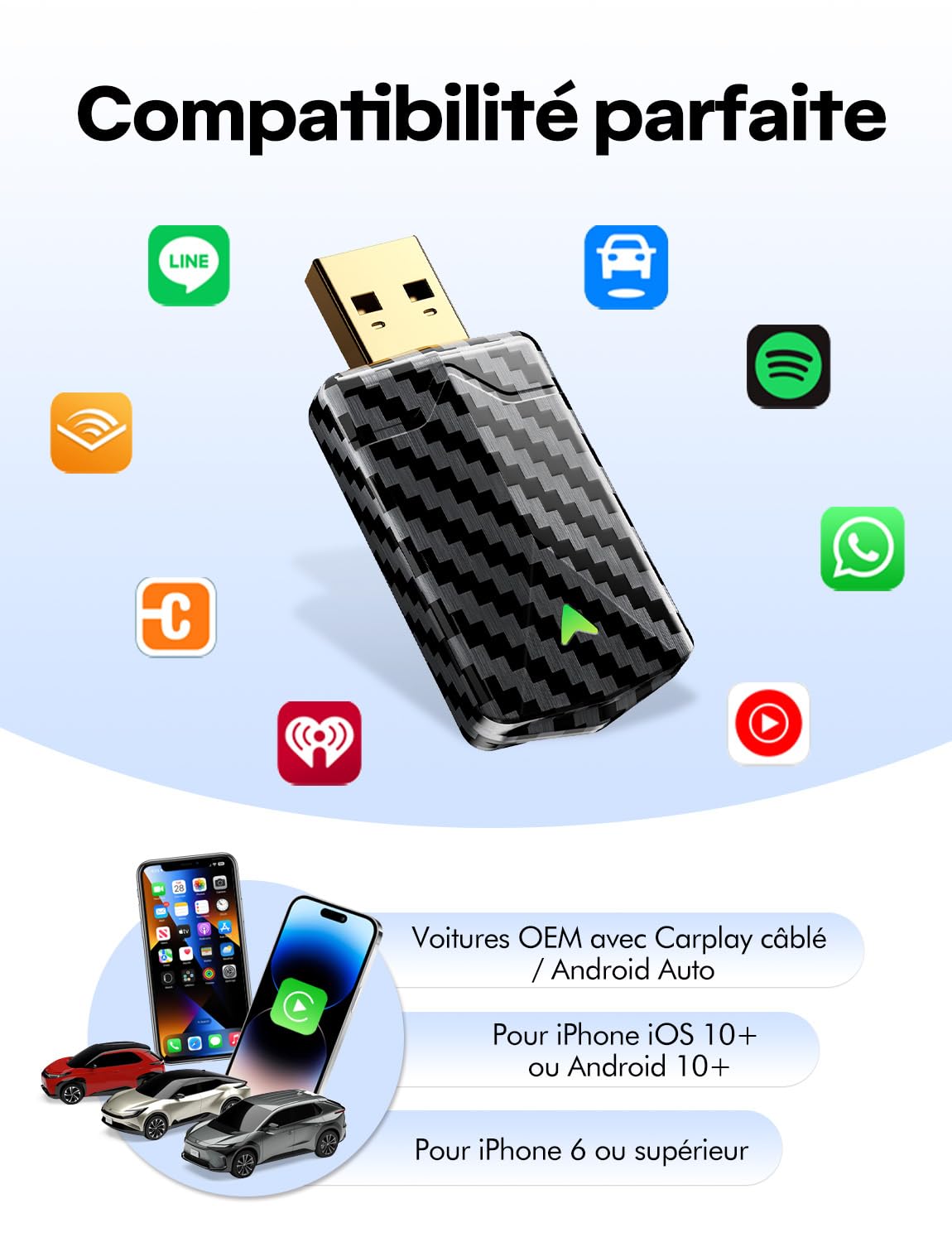 Adaptateur CarPlay sans Fil - Design Élégant Version 2025 la Plus Récentes, Mini et Stable, Plug & Play, Compatible iPhone iOS 10+ et Voitures 2016 avec CarPlay Câblé