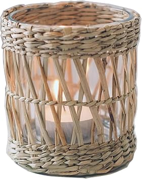 Wicker Woven Tea Light Candle Holder, Decorative Handcraft Rattan Woven Votive Candle Holder, Rustic Vintage Seagrass Glass Votive Candle Holders Hurricane for Dining Table Kitchen Decor
