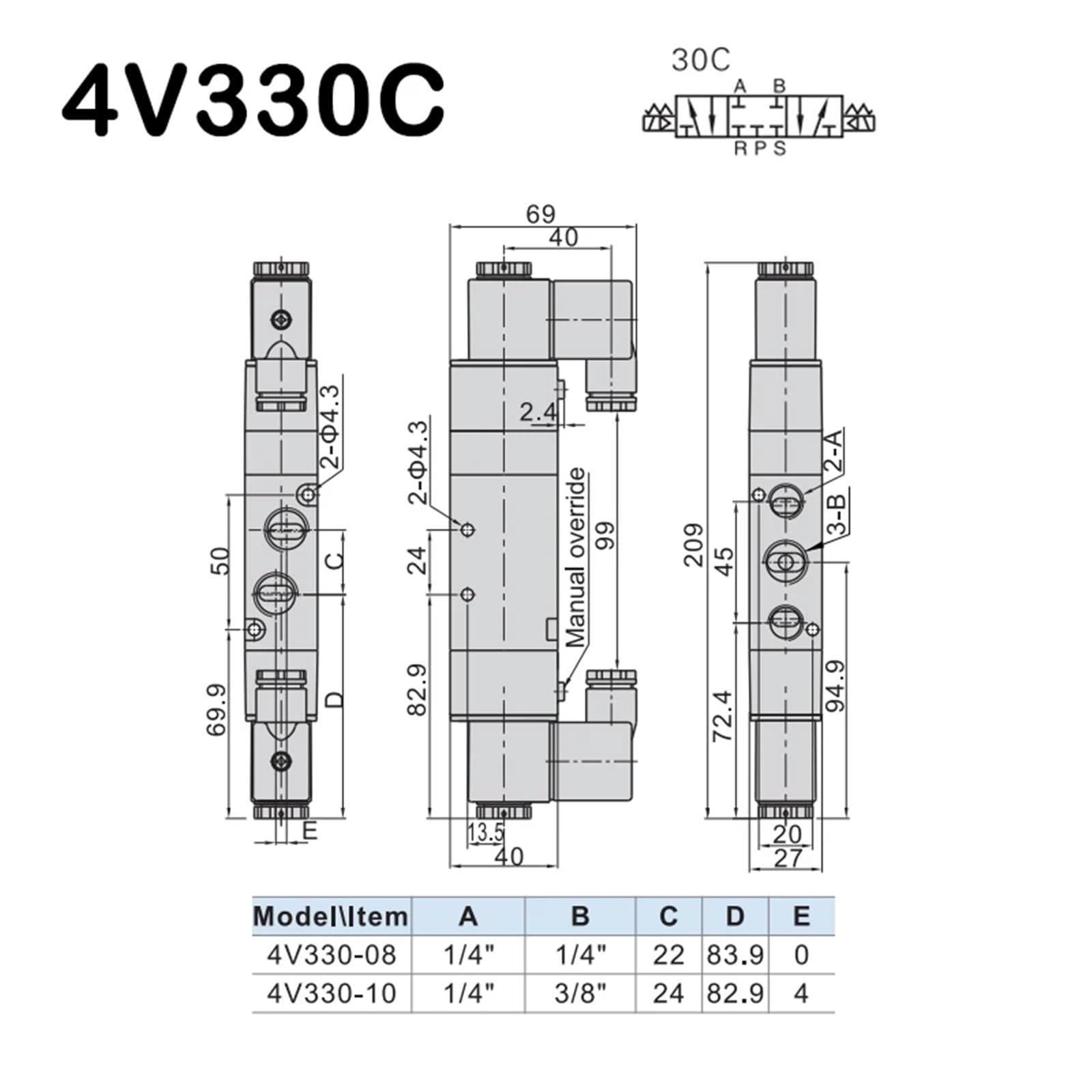 3 Posiciones 5 Puertos 4V130C-06 4V230C-08 4V330C-10 4V430C-15 Válvulas solenoides de Aire Control neumáticas Tamaño : DC12V(Coil,AC220V)