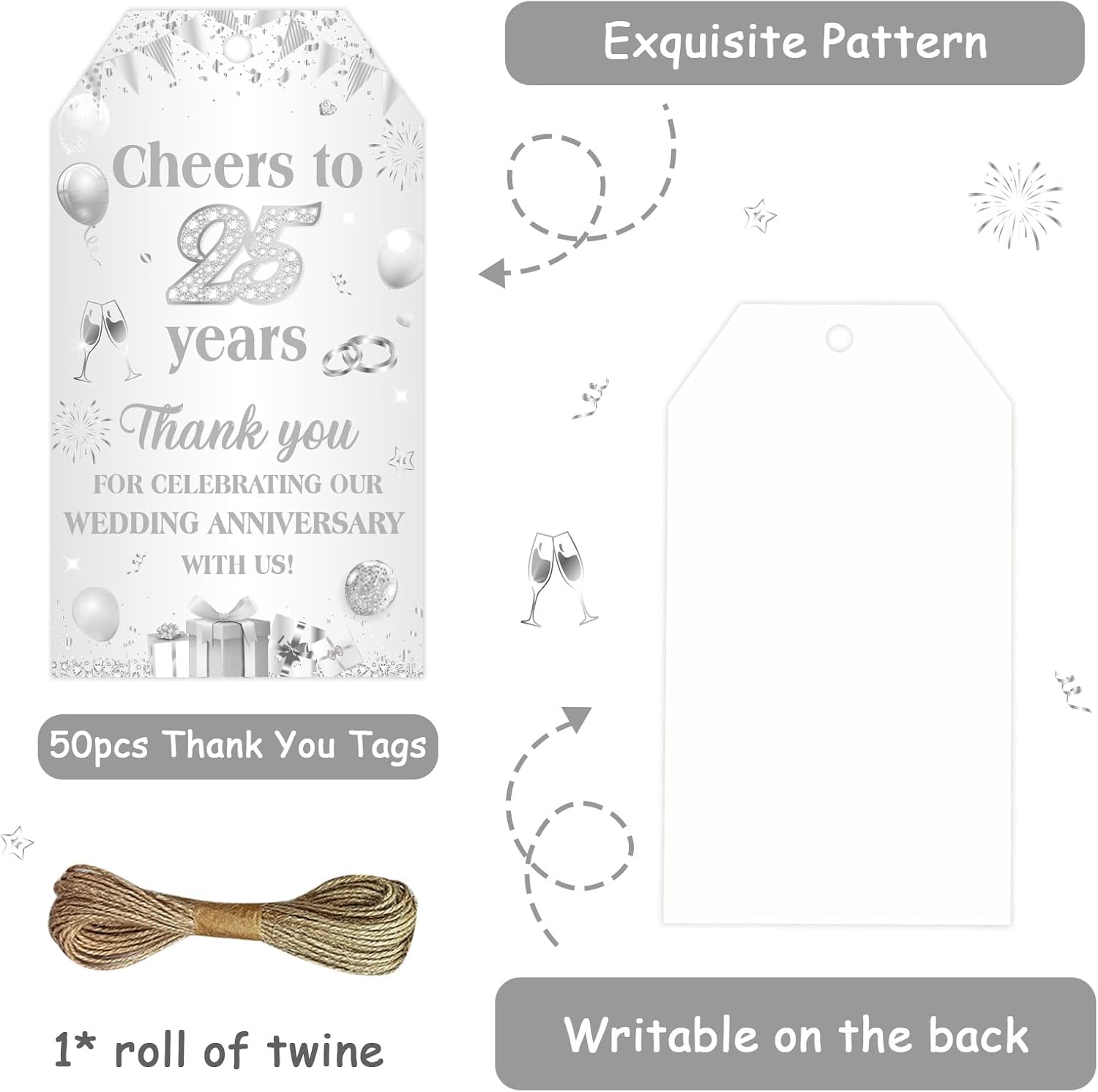 Happy 25th Wedding Anniversary Party Supply Silver 25th Wedding Anniversary Thank You Cards 50pcs White and Silver Thank You Tag with String Party Favor Tags image 4