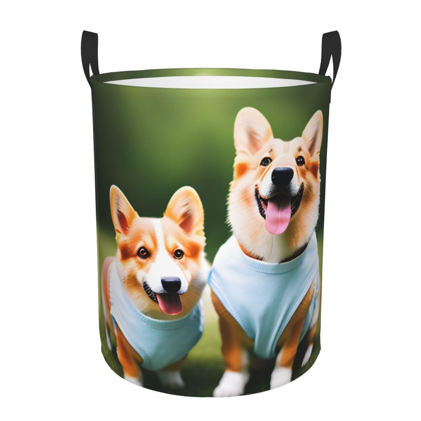 M Collapsible Laundry Hamper Round Wearing Clothes Corgi Dogs Print Storage