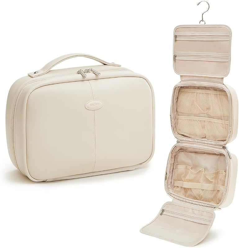 Necessaire de viagem EACHY com gancho, 4 compartimentos e zíper, couro, B-Pro-White