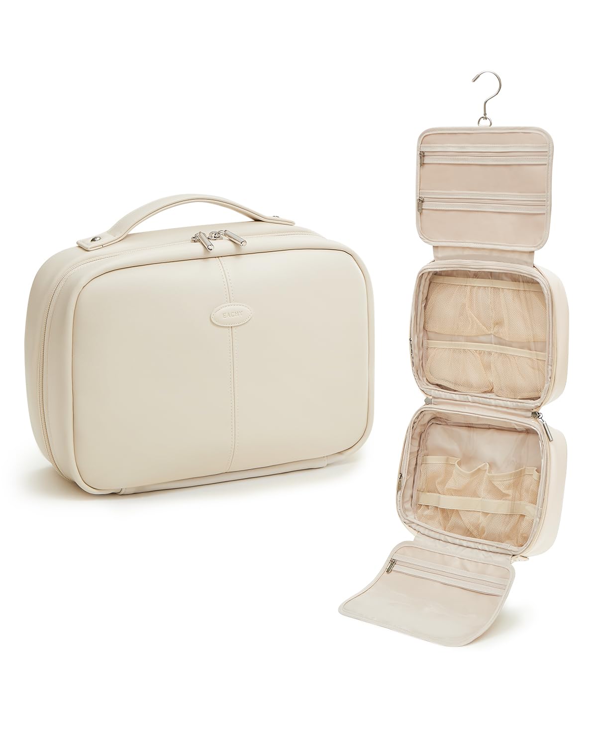 OMISTAR Makeup Vanity Bag for Women - Large Capacity Cosmetic Organizer with Removable Liner, Waterproof PU Leather Skincare Bag, Portable Chic Cosmetic Make Up Case for Skincare, Accessories,StyleB, Beige