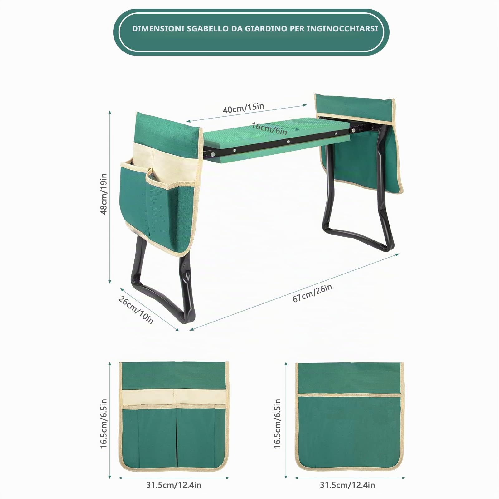 Uten Sgabello da Giardino Pieghevole, 2 in 1 Sgabellino Giardinaggio, Inginocchiatoio da Giardino e Sedile, Panca per Giardino Portatile con 2 Attrezzi Tasche e Cuscino in Schiuma EVA
