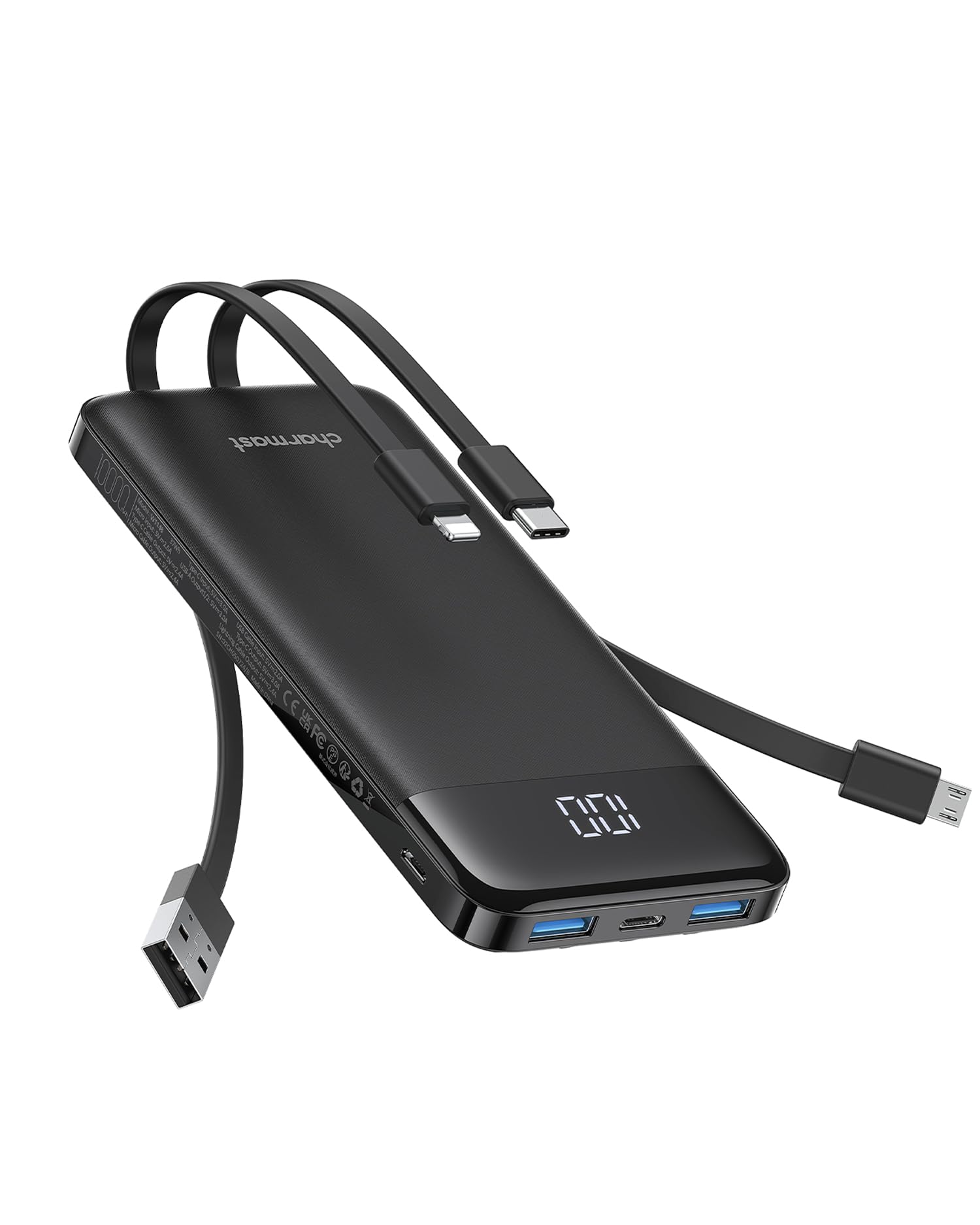 Charmast Portable Charger,10000mAh Power Bank with Built in 4 Cables,6 Outputs 3 Inputs Travel Essential USB C Battery Pack compatible with iPhone iPad Phones