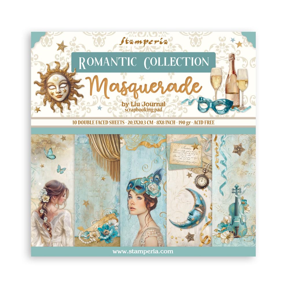 Stamperia - Scrapbook Paper Pad for Scrapbooking, Albums, Card Making, Bullet Journalling and More, Acid Free, Double-Sided, Perfect for Hobbies, Crafts, and Gifting (Masquerade) (20.3 x 20.3 cm)