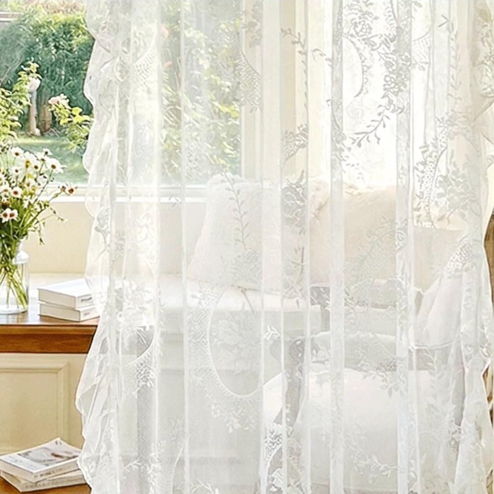 Set de 2 Rideaux en Dentelle Blanc de 100 cm de Long, Broderie Florale Rococo Française Rideaux en Voile de Fenêtre avec Volants pour Salon(W150xH260cm/59x102inch)