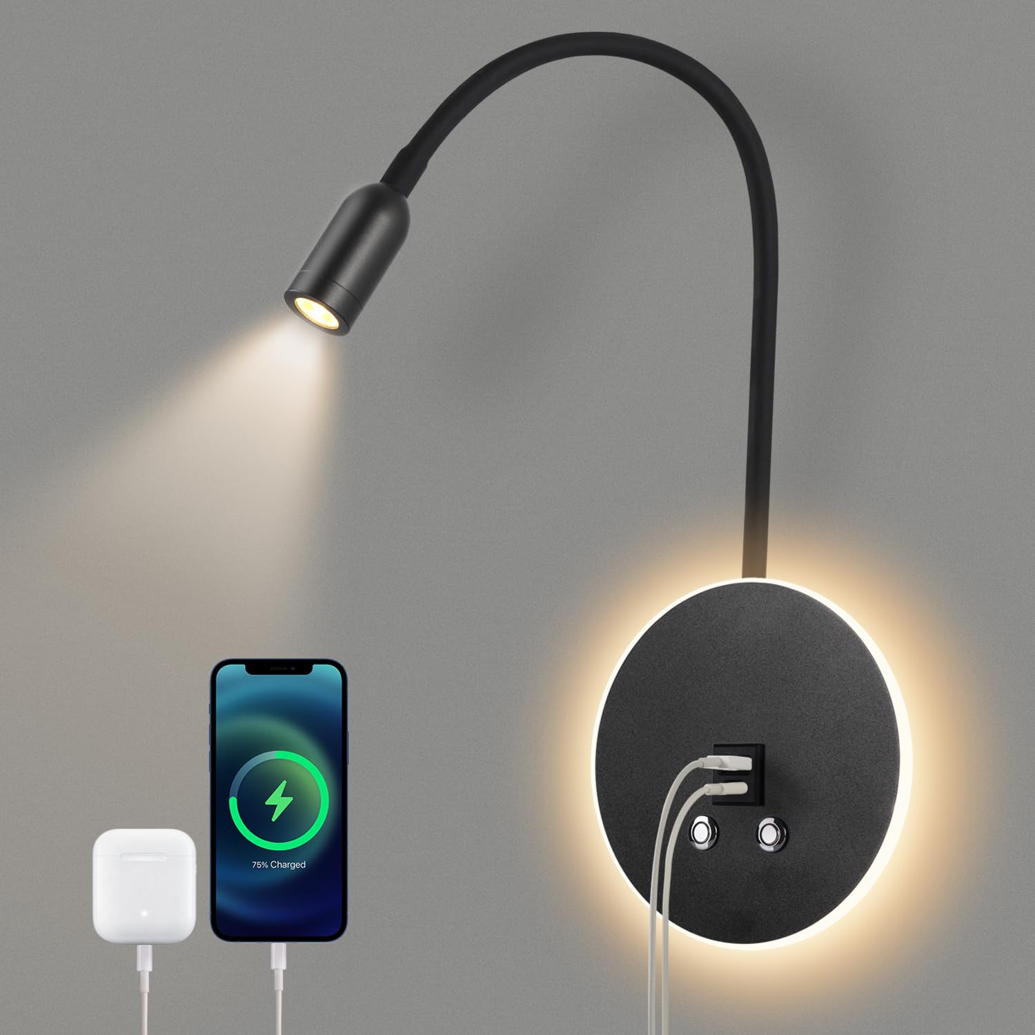 3W+6W LED Liseuse murale, Lampe De Chevet applique liseuse 3000k avec interrupteur tactile à variateur et recharge USB, Cygne Flexible applique lampe Chambre pour la chambre à coucher, Noir