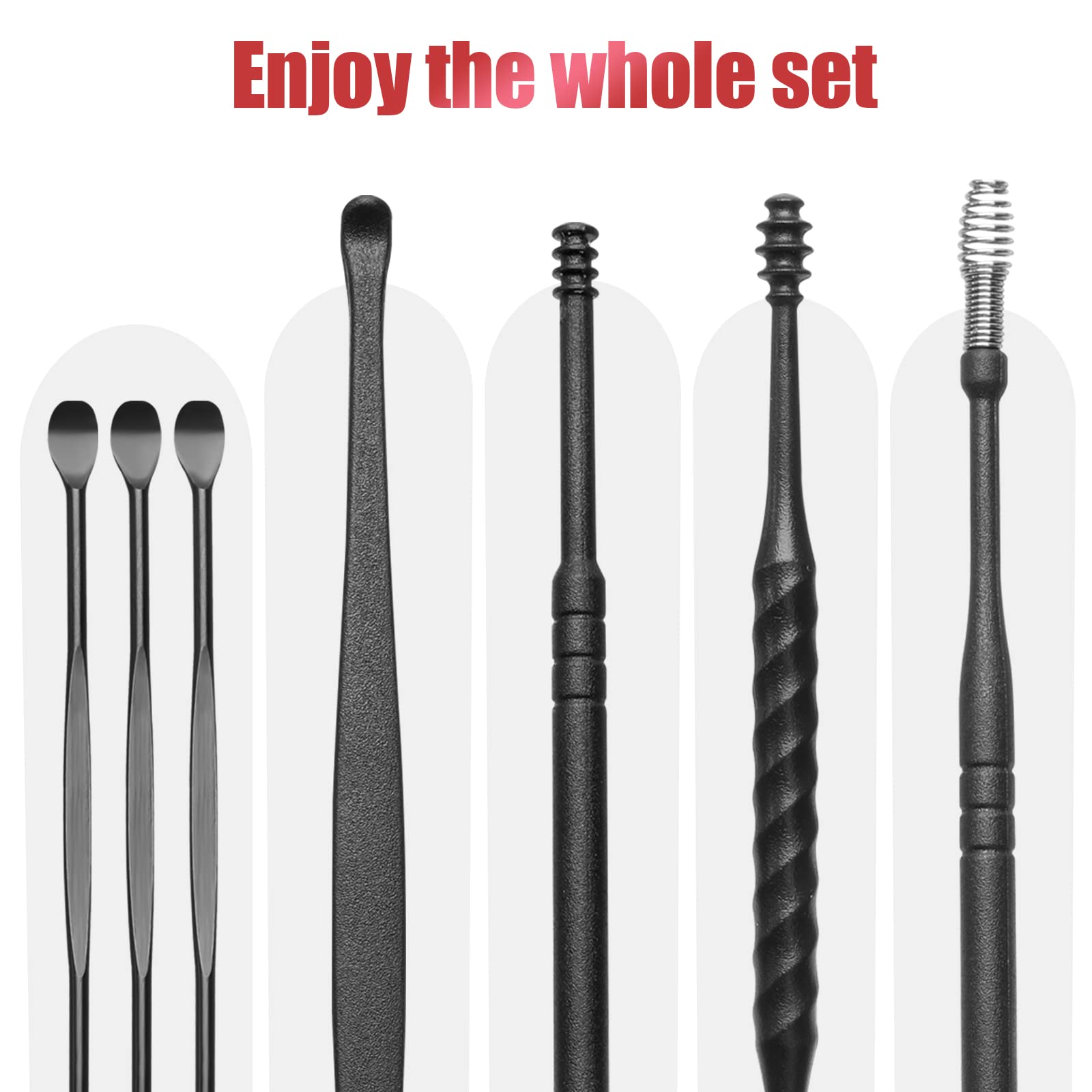 7Pezzi Pulisci Orecchie, Kit di Rimozione del Cerume Strumenti per Pulizia dell’Orecchio Riutilizzabile in Acciaio Inox con scatola portaoggetti per Adulti e Bambini Pulizia Dellorecchio, Nero