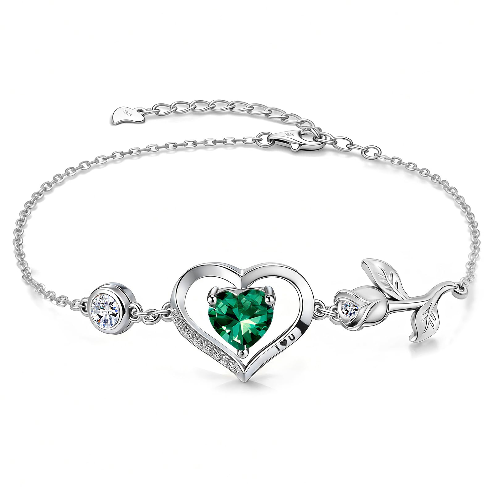 JACUPO Damen S925 Silber Armband mit I LOVE YOU. | Herz Rose Geburtsstein Armband, funkelnder Moissanit Zirkon Schmuck, Geschenk zum Geburtstag, Valentinstag oder Jahrestag.