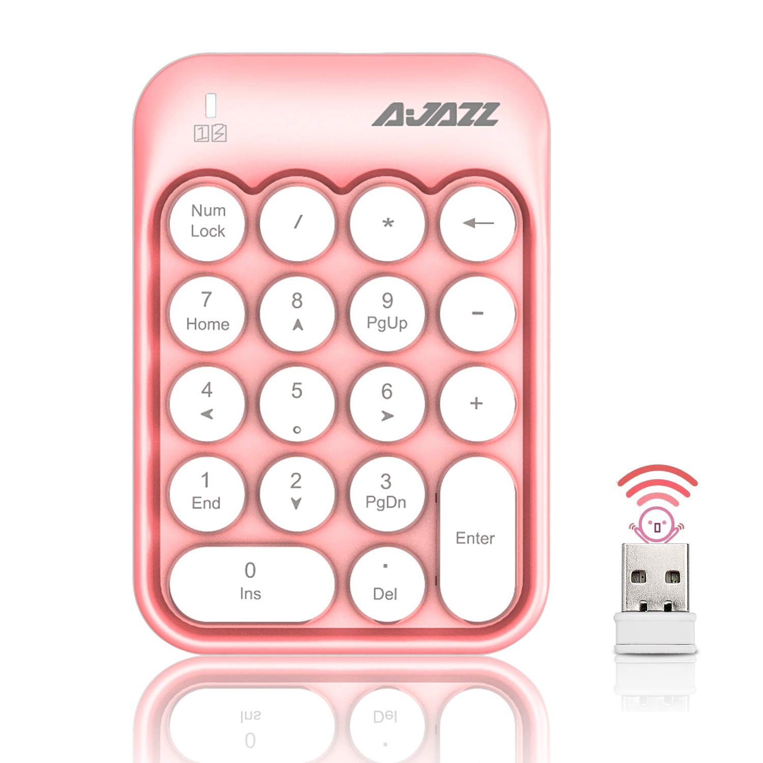 ワイヤレステンキー かわいい テンキー タイプライター ワイヤレスで持ち運びに便利！「NumLock」キーが付き 経理 会計 人事 総務 エクセル 決算 USBレシーバー付き 18キー 軽量 コンパクト 小型 (PINK)