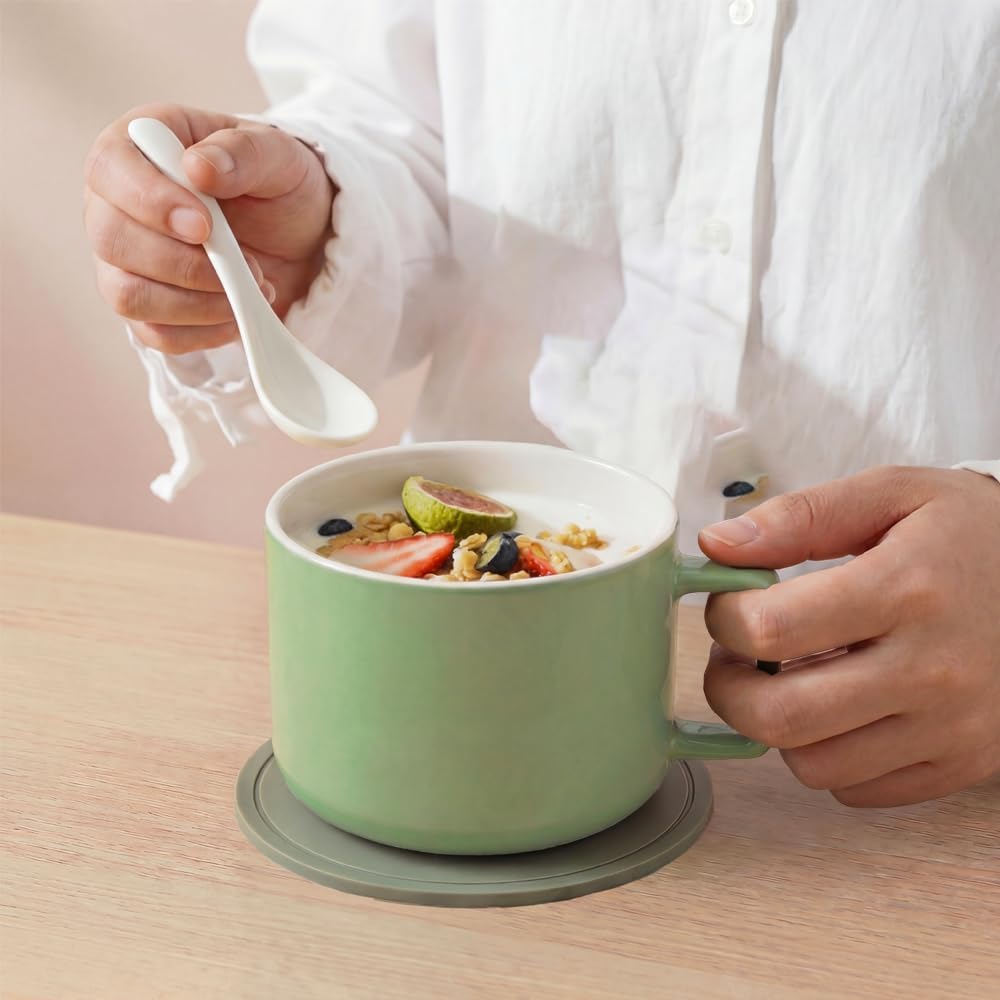 Ceramic Soup Bowls with Handles & Lids, 30oz Soup Mug Set, Microwave & Dishwasher Safe Ramen Bowls for Soup, Cereal & Oatmeal, with Spoon & Trivet, Set of 2, Green