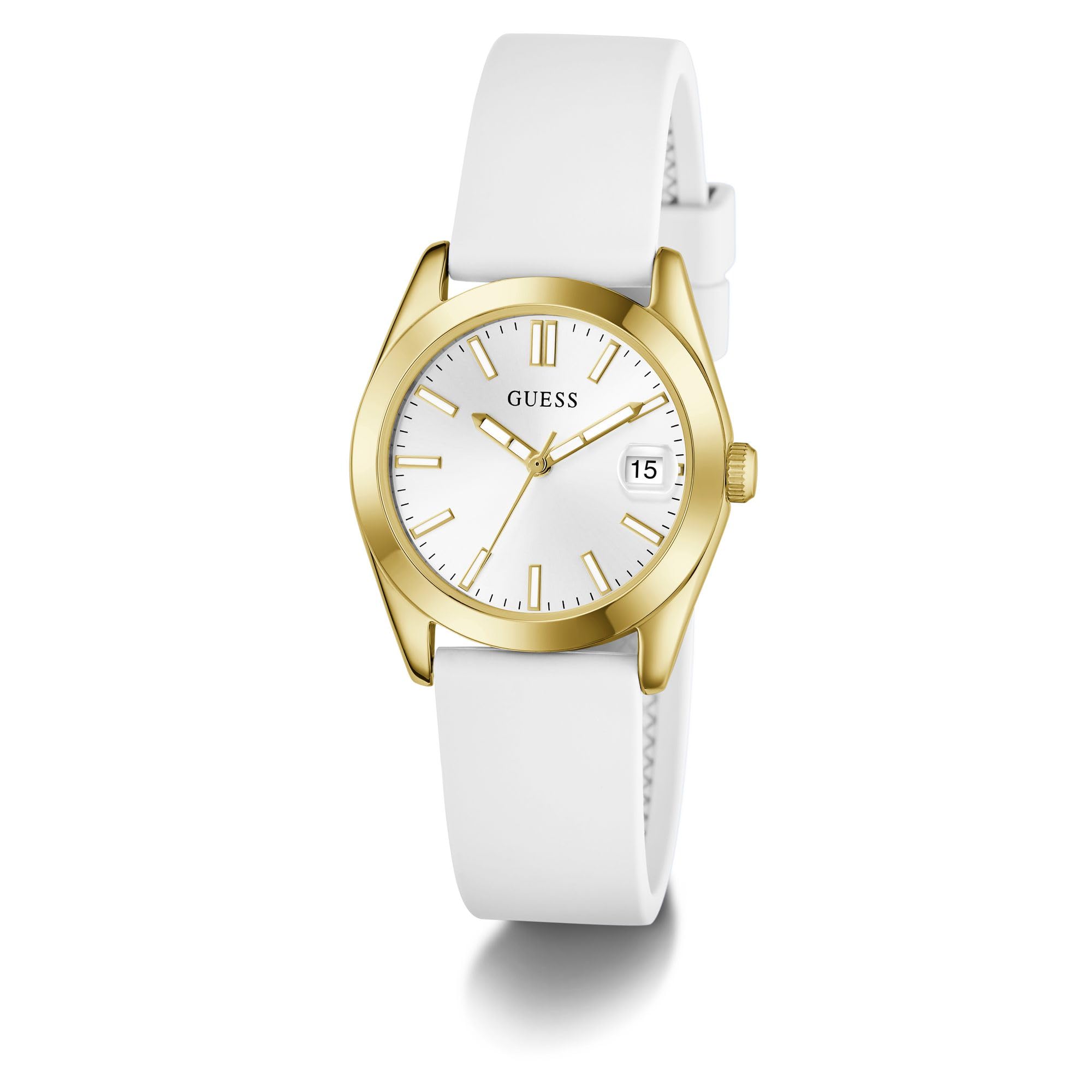 Guess Reloj de Pulsera Alice GW1033L2 para Mujer, 32 mm, Acero Inoxidable PVD, Esfera Blanca, Cuarzo, Cristal Mineral, 3 ATM, Correa de Silicona