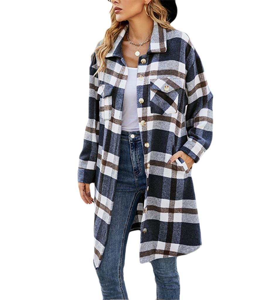 Klorim Women's Mid Long Wool Blend Plaid Shacket Button Down Shirt Jacket