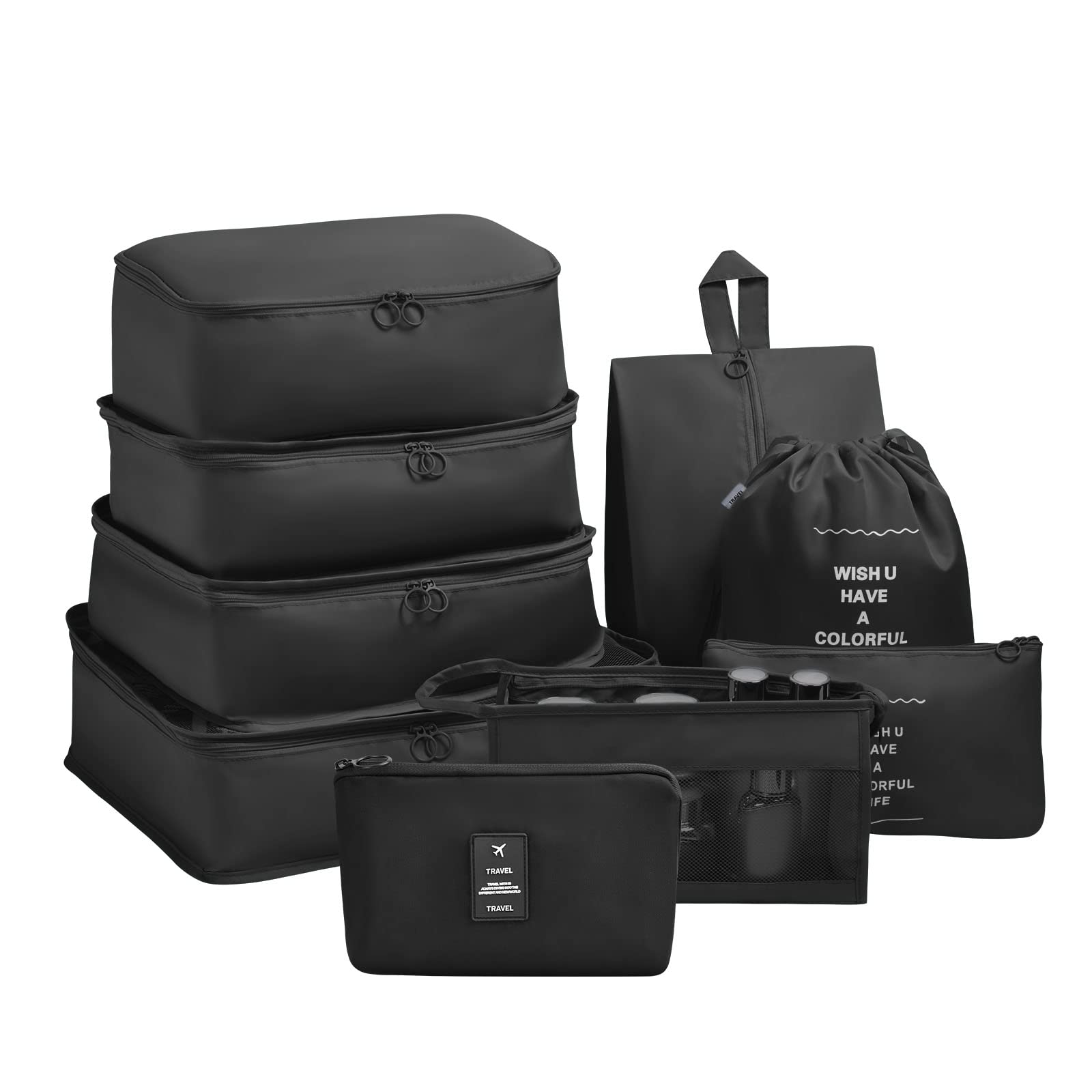 OSDUE Organizer Valigia, 9 Pezzi Sistema di Cubo di Viaggio, Separatori Buste Viaggio Travel Organizer, Abbigliamento Intimo Calzature Organizzatori Sacchi Valigia di Stoccaggio Set Nero