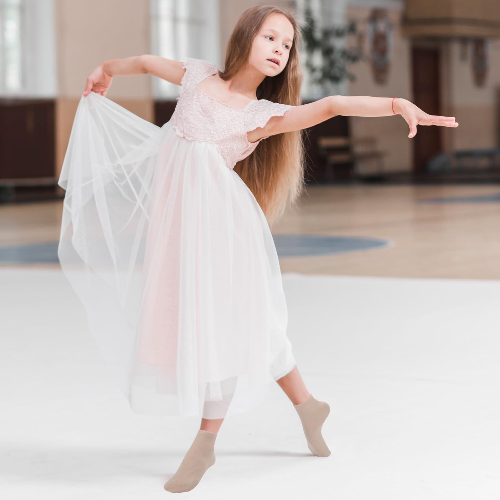 Lot de 4 paires de chaussettes de ballet pour filles, en coton oxygéné respirant, rose nude, orteils sans couture, chaussettes de danse extensibles pour tout-petits/enfants
