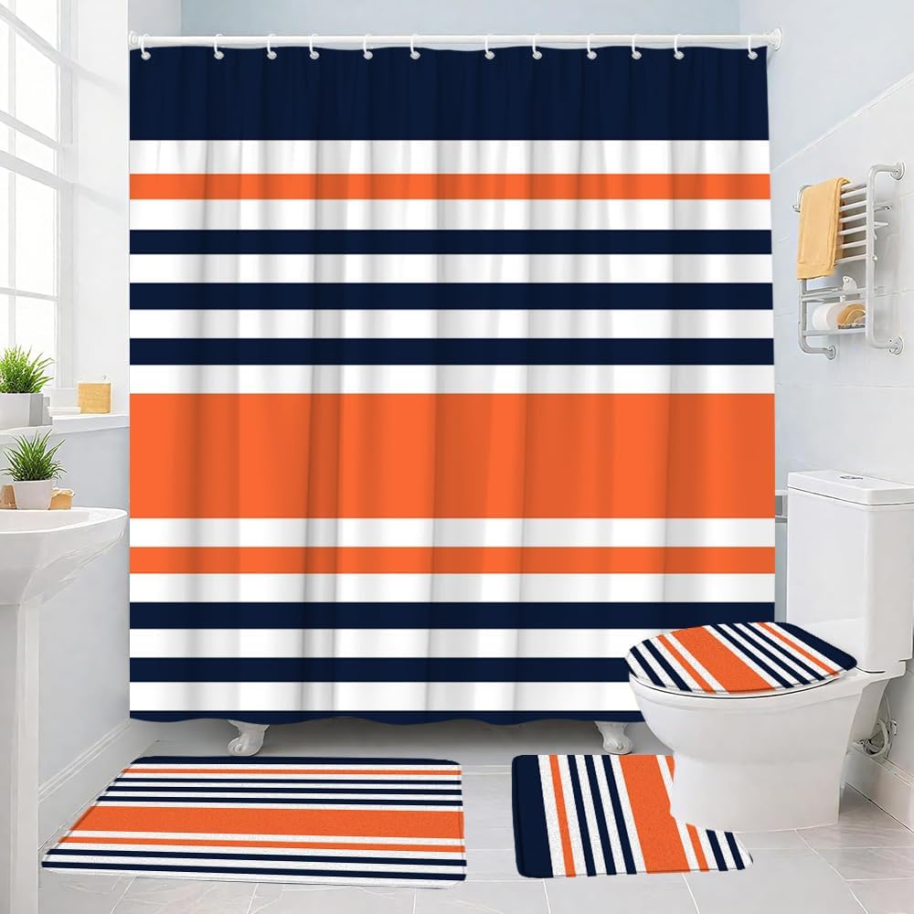 4Pcs Navy Blue Orange Shower Curtain Set Abstract Geometric Stripe Modern Contemporary Simple Fashion Mid Century Fabric Bathroom Toilet Lid Cover Non-Slip Rugs with 12 Hooks