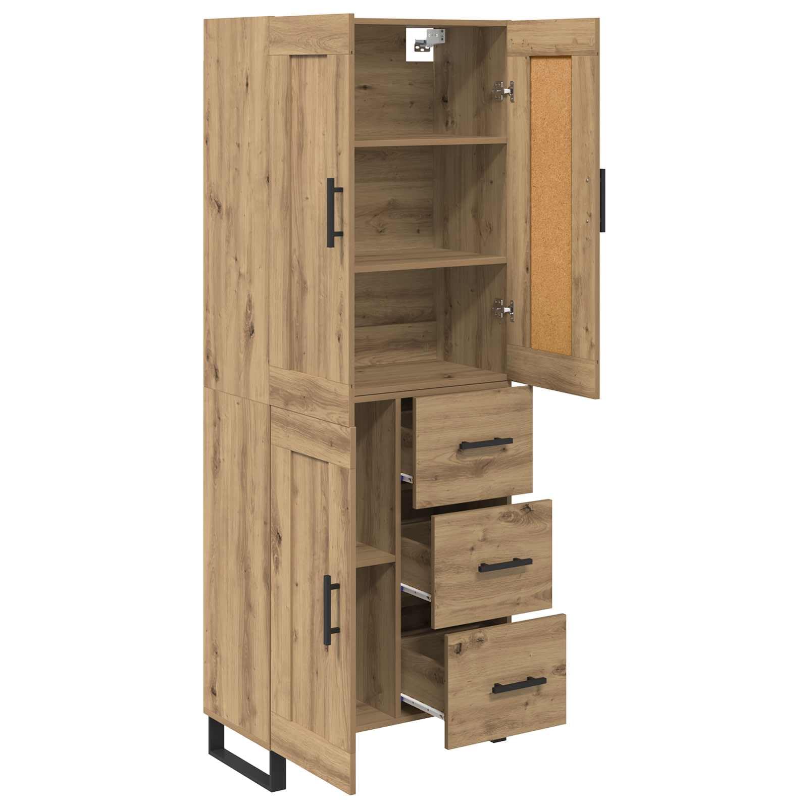 Armadietto multiuso in rovere Artisan, 69,5 x 34 x 180 cm | Armadietto robusto per sala da pranzo e soggiorno con ripiani versatili e gambe in metallo robuste.