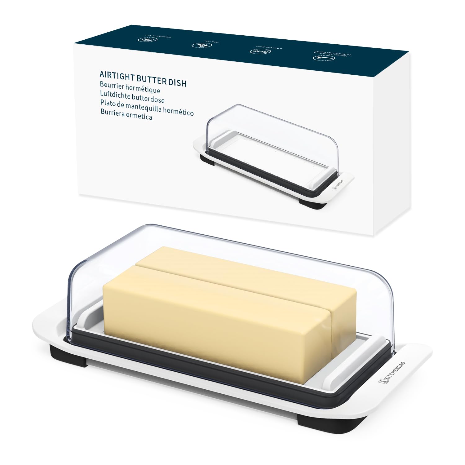 Airtight Butter Dish with Lid for Countertop and Fridge, Large Butter Keeper, Easy Scoop, Dishwasher Safe, Plastic Butter Holder Tray with non-slip Feet holds 2sticks/West/East Coast Butter