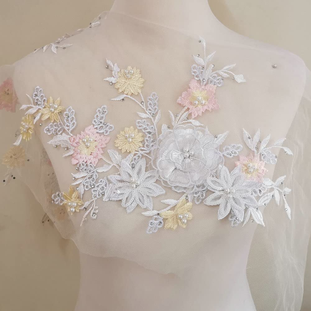 FEEPOP 1 Pairs Three-Dimensional Flower Embroidery Lace Applique Sequins hot Drill Nail Beads Hand-Made DIY Applique Garment Decorative lace Accessories (White / Pink)