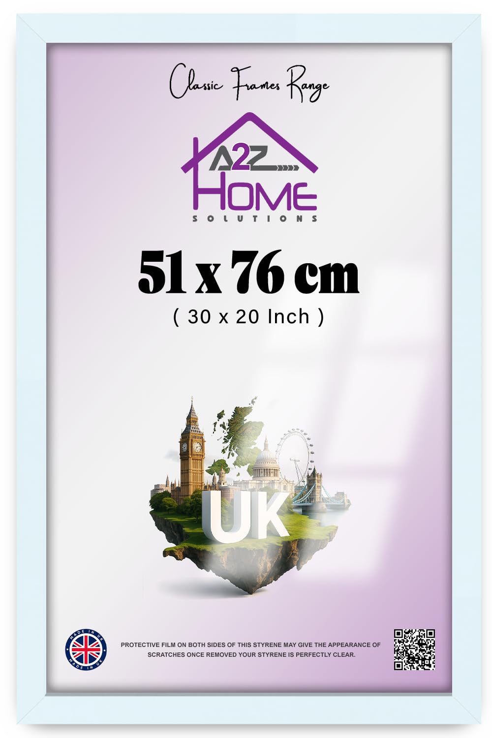 A2Z Poster Frame 51x76cm (20x30 inch) Clear Perspex, Hanging Clips & Sawtooth Hangers, Portrait & Landscape Wall Display for Photos, Canvas, Paintings – White