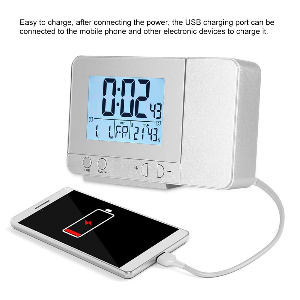 Réveil Projecteur LED – Heure Et Température – Angle Réglable – Alarme Avec Snooze – Alimentation Piles Ou USB – Affichage Vert Ou Orange