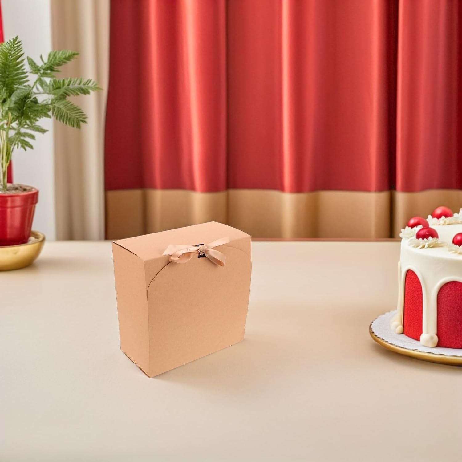10pcs Wedding Candy Favor Boxes with Ribbon Bow, Kraft Paper Lidded Packaging Boxes for Bridal Shower Party, 20x20x10cm Storage Containers