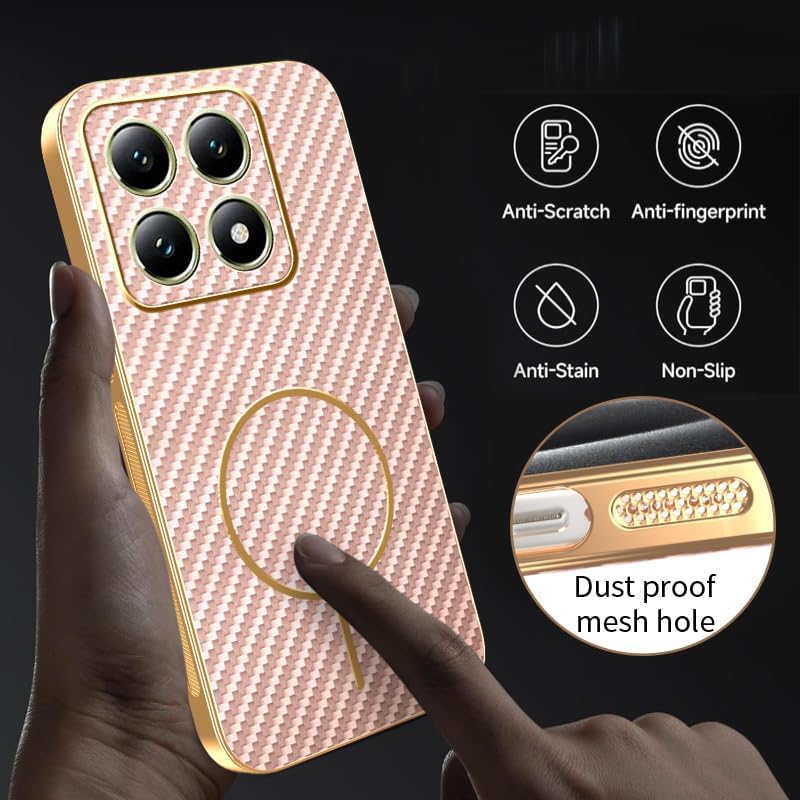 Capa de telefone para Xiaomi 15T compatível com MagSafe capa de silicone textura de fibra de carbono 3D, fina para Xiaomi 15T, à prova de choque, anti-arranhões e impressões digitais (rosa)