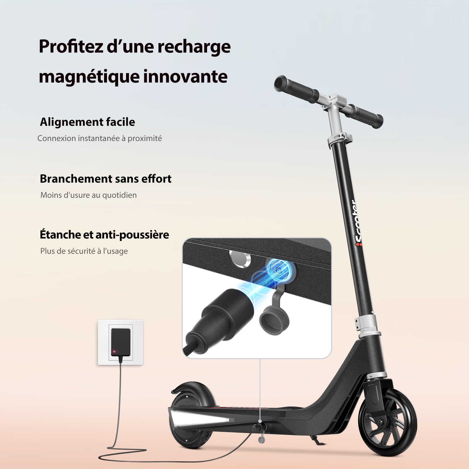 iScooter Trottinette Électrique Enfant 6-10 Ans,2 Vitesses 10/15 km/h,Roue Avant Lumineuse et LED Multicolores,Hauteur Réglable sur 3 Niveaux,Charge Max 50kg