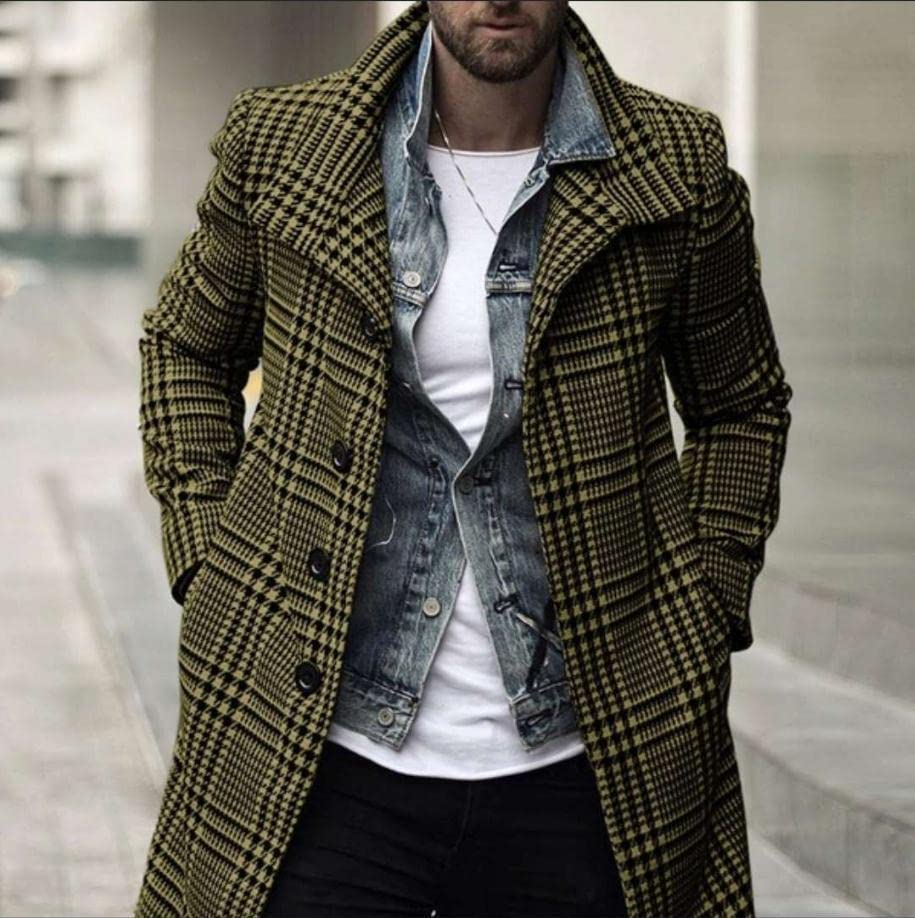 utcoco Men's Plaid Trench Coat Lapel Single Breasted Peacoat 2024 Fall Winter Overcoat With Pockets2