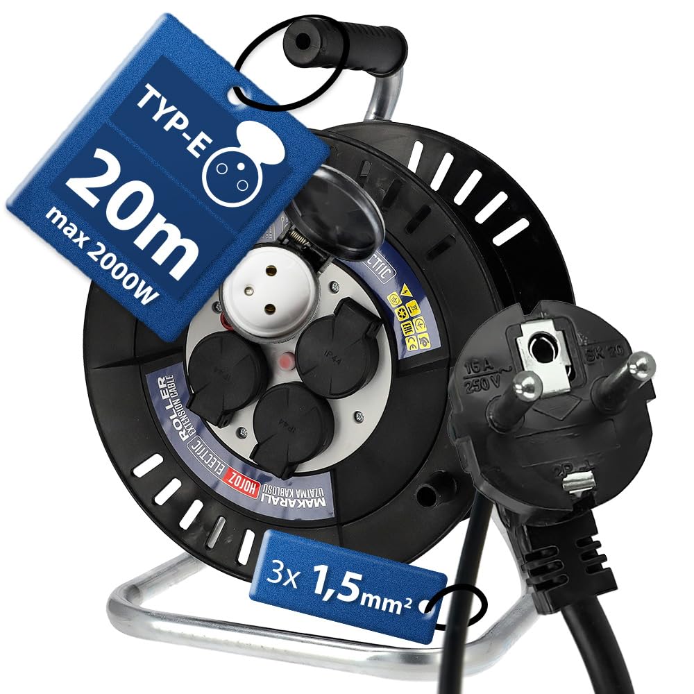 Enrouleur Électrique 20 m 4 Prises Type E avec Terre - Enrouleur Ménager et Rallonge Électrique 3×1,5 mm² 230V IP44 2000W - Enrouleur de Câble d'Exteriéur pour Jardin, Chantier, Garage- Horoz Electric