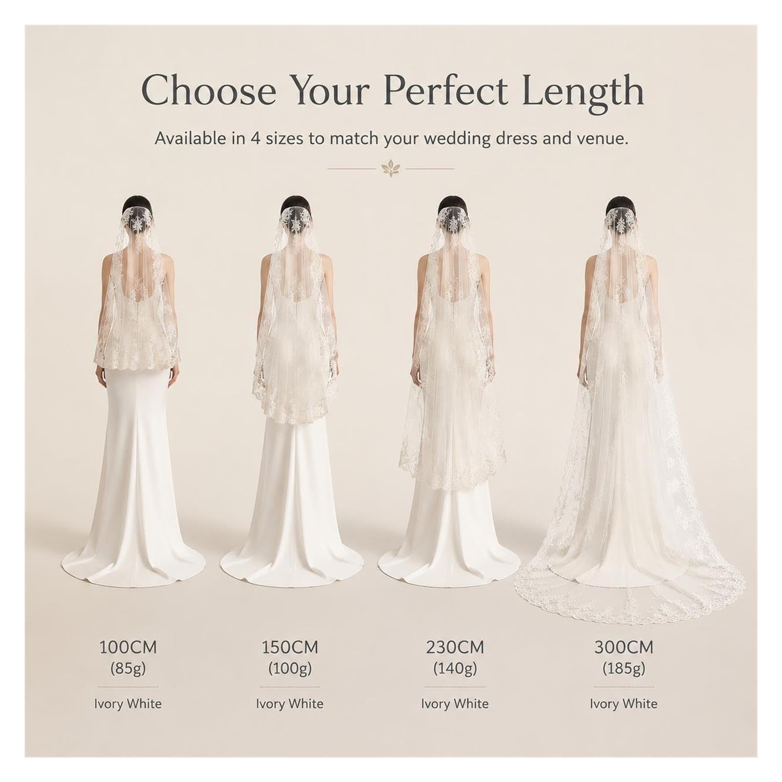 Velo da Sposa Velo da Sposa Lungo in Pizzo Francese – Copricapo(Ivory150CM)