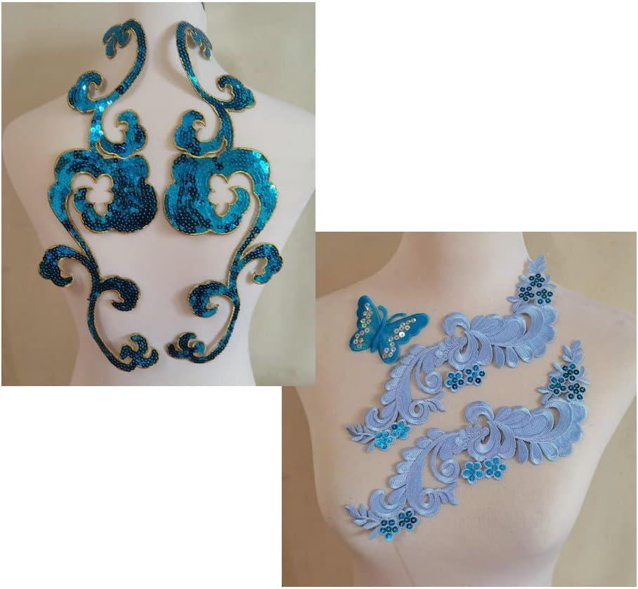 5pcs Blue Big Sequins Iron on Embroidered Appliques Patches Trim Neckline Collar