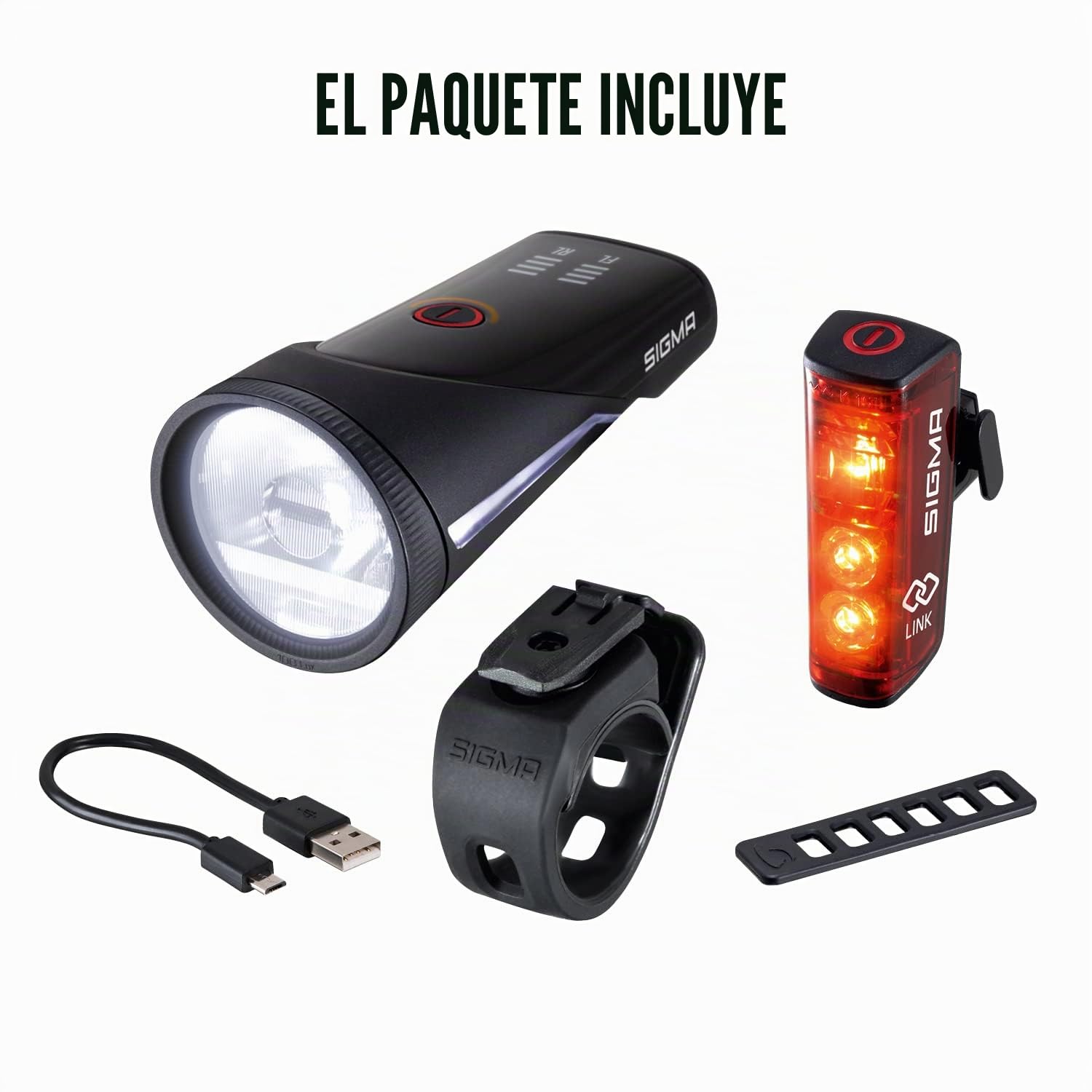 SIGMA Aura 100/Blaze Link kit de luces para bicicleta (soporte de silicona) | Innovadora función de acoplamiento Luz LED delantera para bicicleta de 100 lux | Luz trasera con función de luz de freno