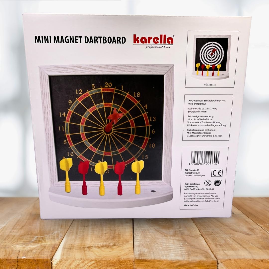 Karella Mini Magnet Dartboard, Doppelseitige magnetische Zielscheibe, Dartspiel für Kinder und Familie, sicheres Dart Spielzeug, kleine Dartscheibe, Geschenk, Partyspiel, inklusive 6 Mini Magnet Darts