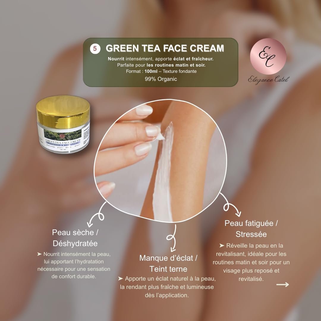 Zestaw do pielęgnacji twarzy i ciała z zieloną herbatą, 6 produktów organicznych 99% naturalnych, nawilżająca i oczyszczająca pełna rutyna