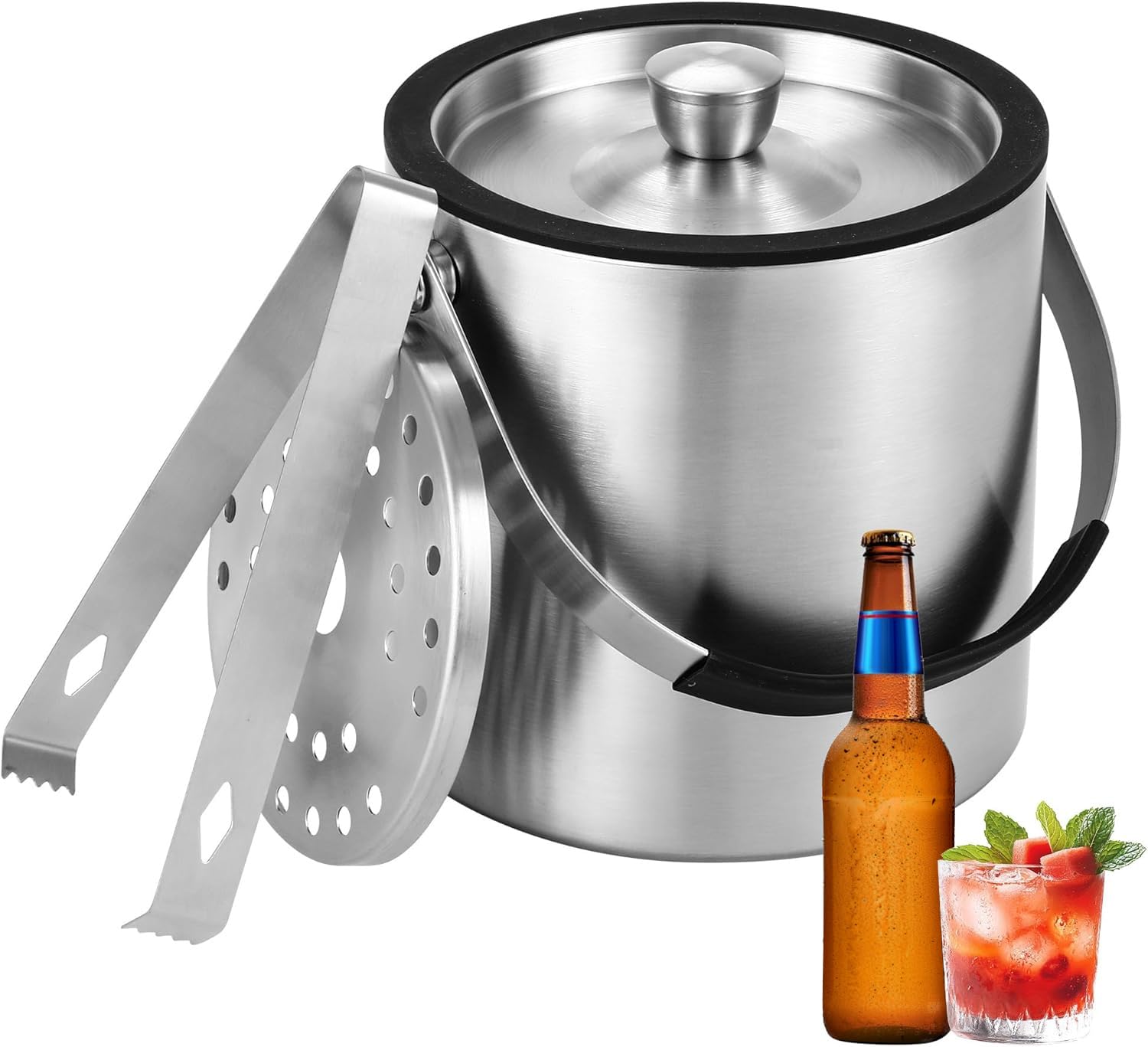 1.6L Eiswürfelbehälter, Eiskübel mit Deckel,Eiswürfelbehälter Edelstahl mit Clips und Sieb, perfekt zum Abkühlen von Getränken, Bier, Champagner und Früchten für Partys, Partys, Riegel
