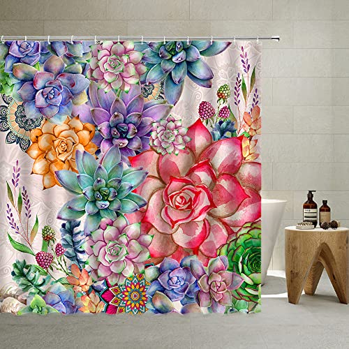 QYVLHD Boho-Kaktusblüte, Duschvorhänge, Sukkulenten, Blumenpflanze, Aquarell, bunt, Natur, Frühling, Mandala, ländlich, rustikal, Fantasie, Heim-Stoffdruck-Set mit Haken, 178 x 178 cm Cover