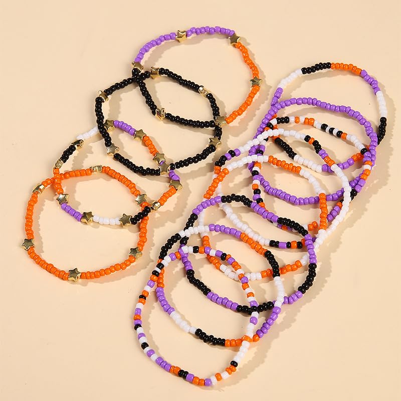 Pingyongchang Cute Halloween Beads Bracelets Set Orange Black Boho Stackable Adjustable Multi Layer Stretch Bangle Bracelet Costumes for Women Men as Halloween Party Vacation Friendship Gifts-12pcs2