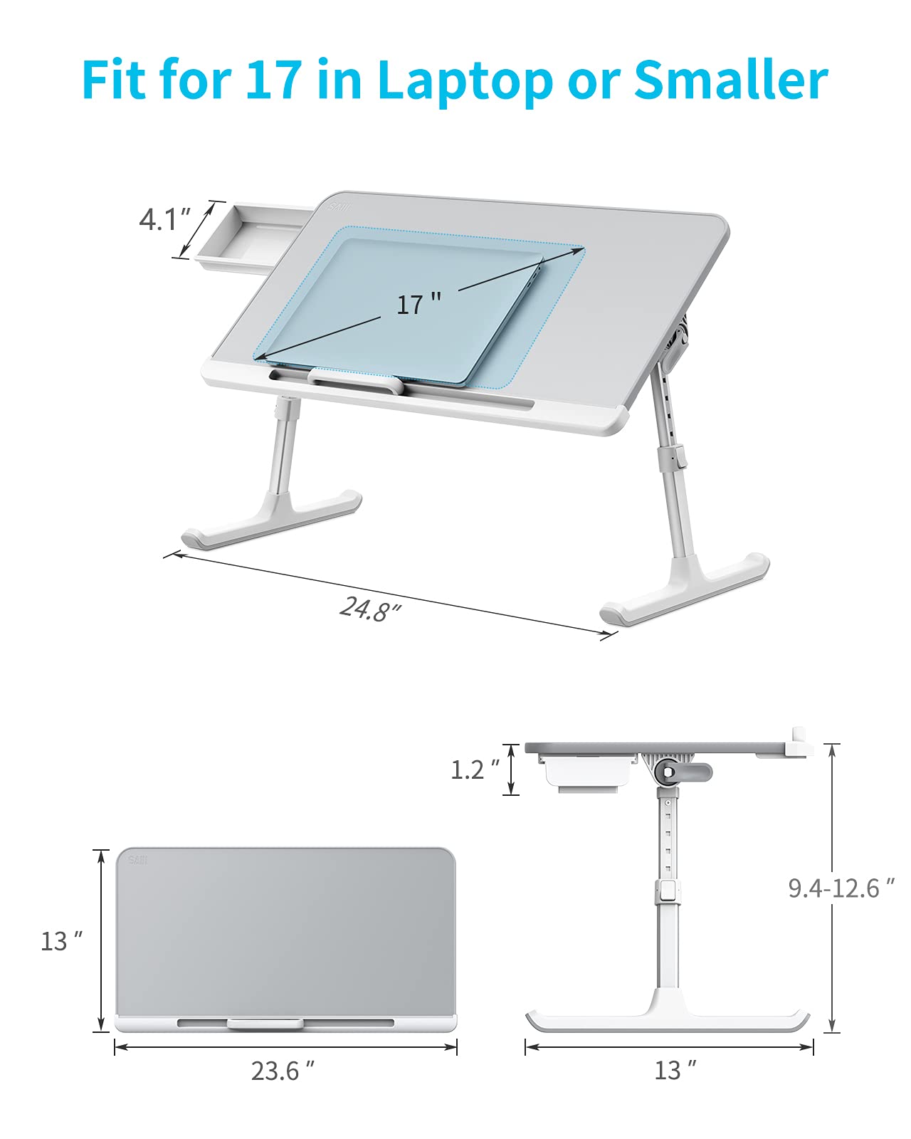 SAIJI Laptop Bed Tray Desk, Portable Table Stand with Storage Drawer, Adjustable PVC Leather, Foldable Laptop Tray for Sofa Couch Floor, 23.6 x 12.6 x 1 Inches (Large, Gray)