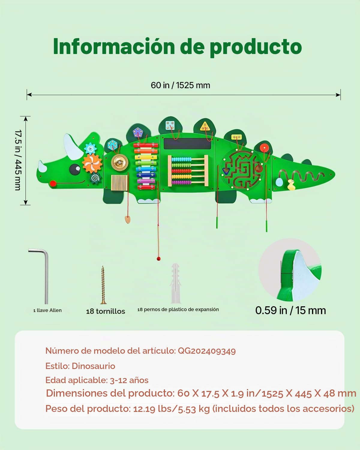 VEVOR Paneles de Actividades de Pared con Forma de Dinosaurios, 11 Actividades, Juguete Sensorial de Pared Montessori para Niños de 3 a 12 Años para Salas de Juegos Infantiles y Aulas de Guardería