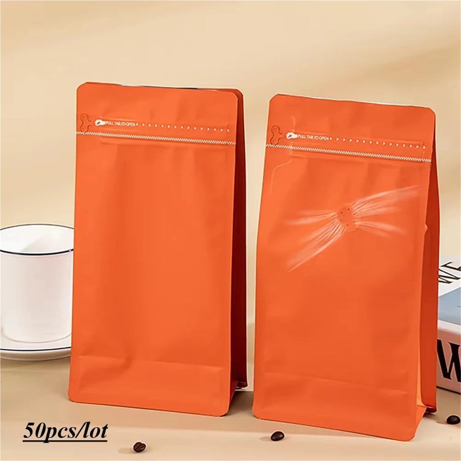 Bolsas de café con válvula, 50 unidades, bolsas de embalaje de café al por mayor con válvula, 125 g, 250 g, 500 g, 1 kg, papel de aluminio naranja, refuerzo lateral para granos de alimentos (naranja